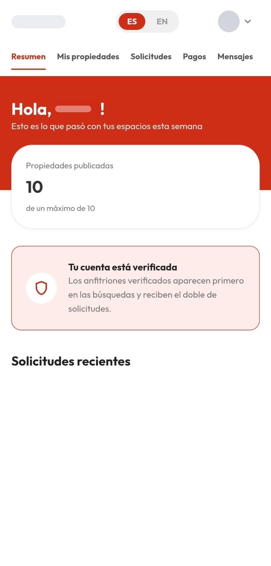 Resumen del anfitrión en la PWA de renta de propiedades