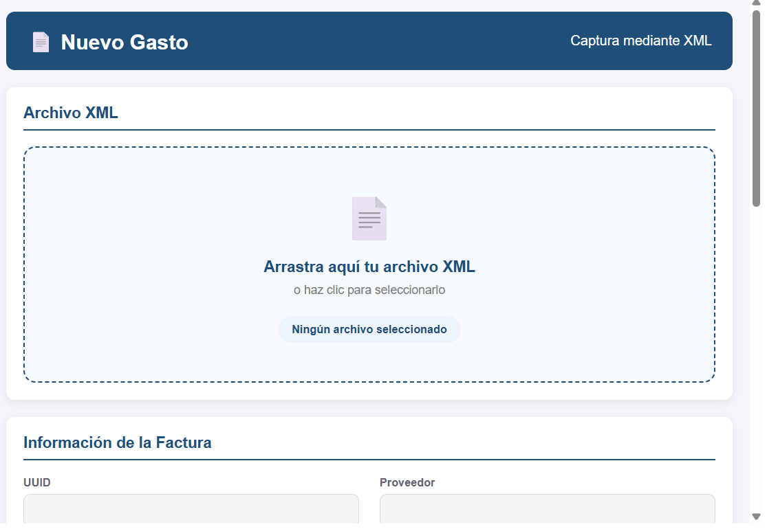 Formulario de captura por XML con zona para arrastrar el archivo y la información de la factura