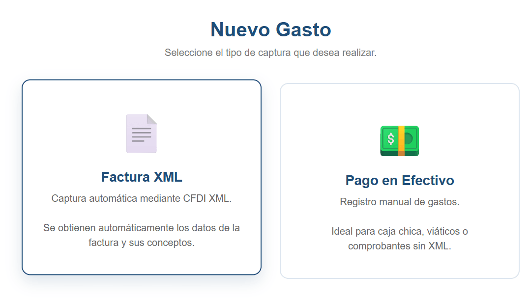 Selector del tipo de captura en la app de gastos y facturas