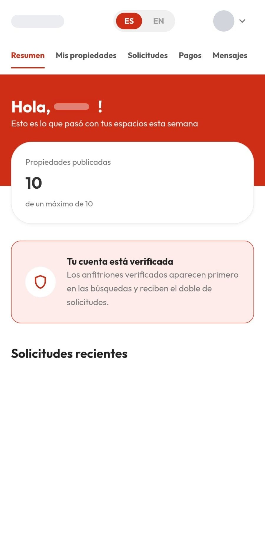 Resumen del anfitrión con pestañas, propiedades publicadas y cuenta verificada