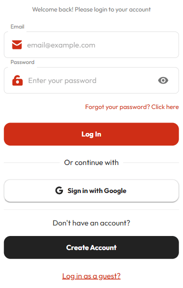 Pantalla de inicio de sesión con correo, contraseña, Google y entrada como invitado