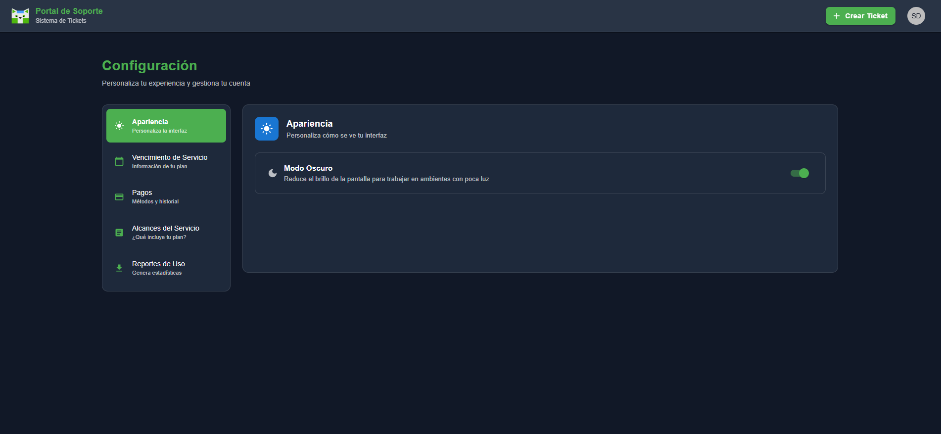 Pantalla de configuración con opciones de apariencia, vencimiento, pagos, alcances y reportes