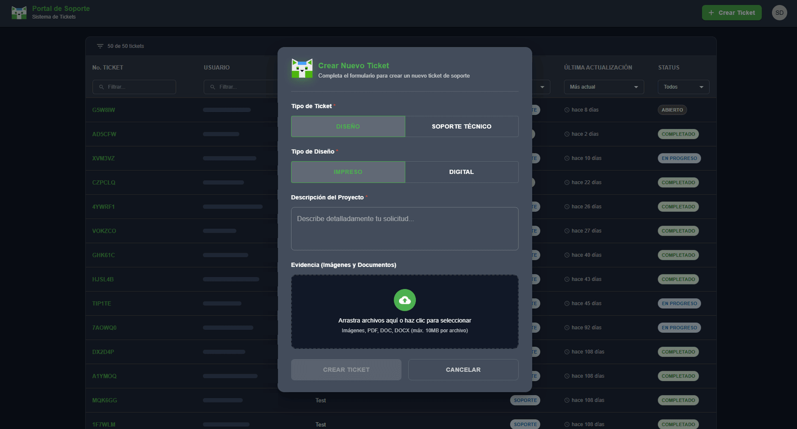 Modal Crear Nuevo Ticket con tipo de ticket, tipo de diseño, descripción y zona para adjuntar evidencia