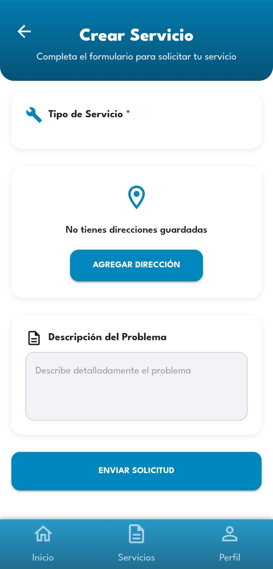 Formulario Crear servicio con tipo, dirección y descripción del problema
