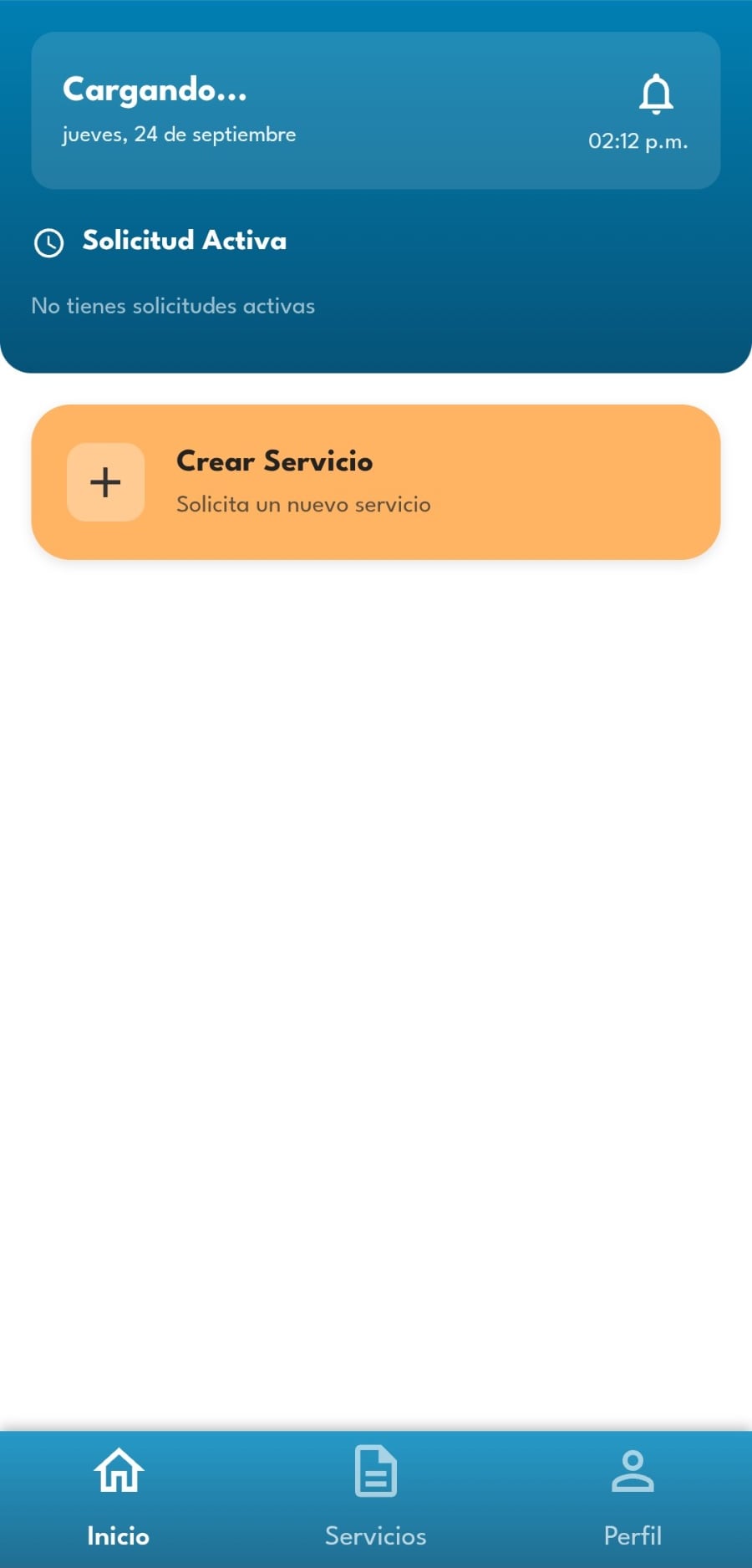 Inicio del cliente con la solicitud activa y el botón Crear servicio