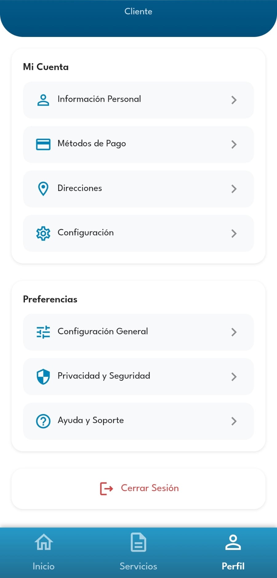 Perfil del cliente con cuenta, métodos de pago, direcciones y preferencias