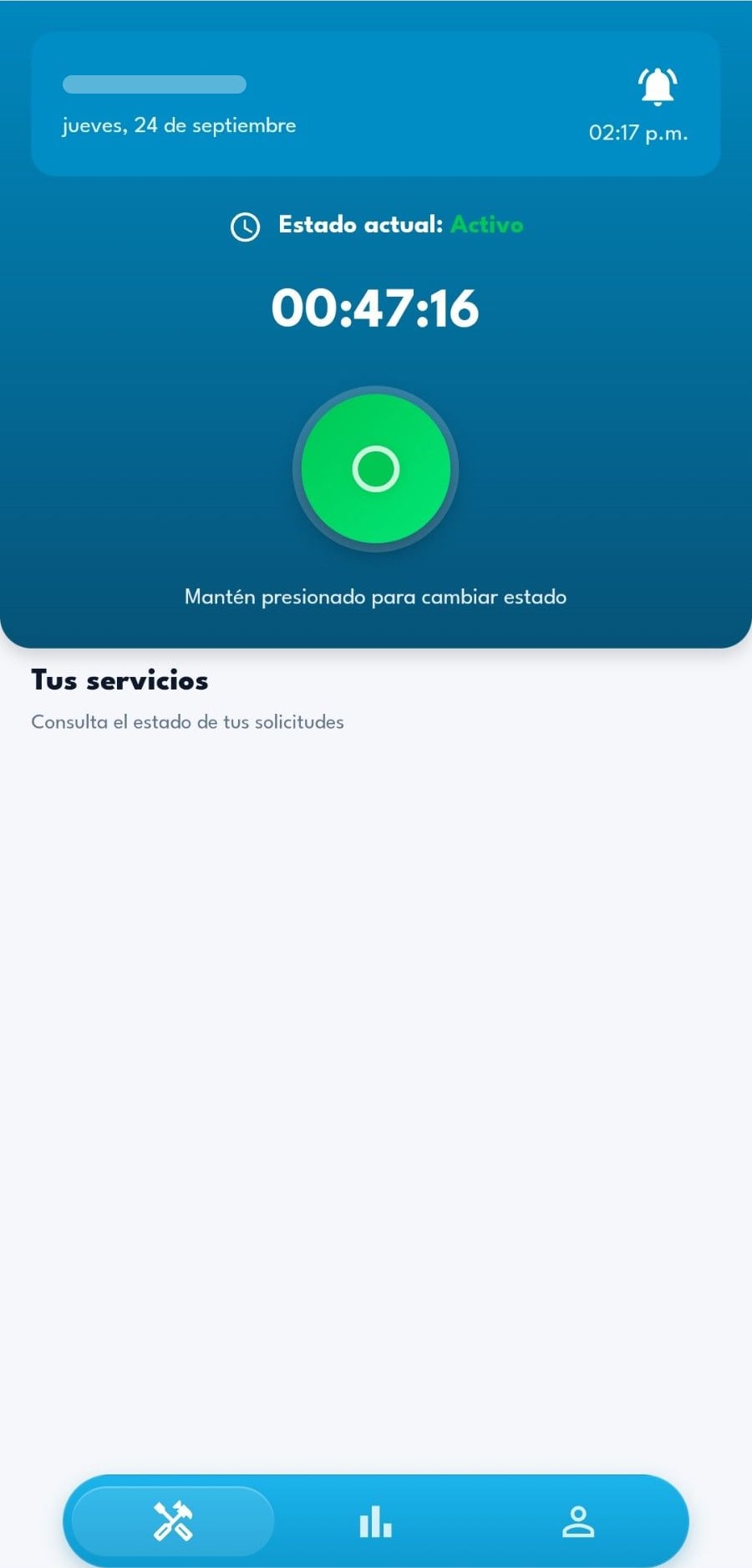 Inicio del proveedor con su estado activo, cronómetro y botón para cambiar estado